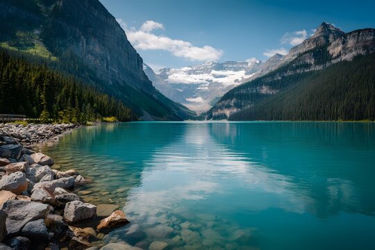 
A stunning photograph of Lake  with its turquoise waters and majestic mountains in the background.  - Powered by Adobe