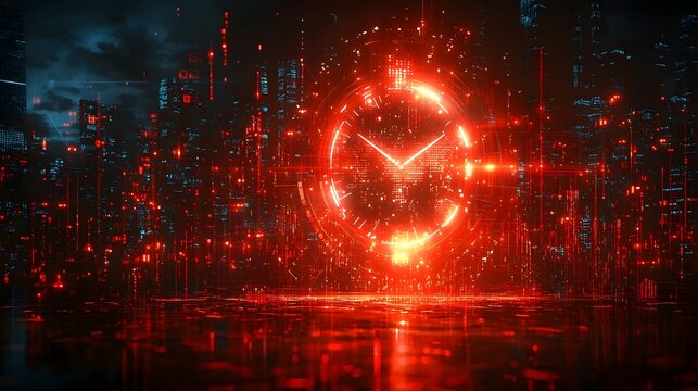 Digital clock glitching in a futuristic virtual cityscape