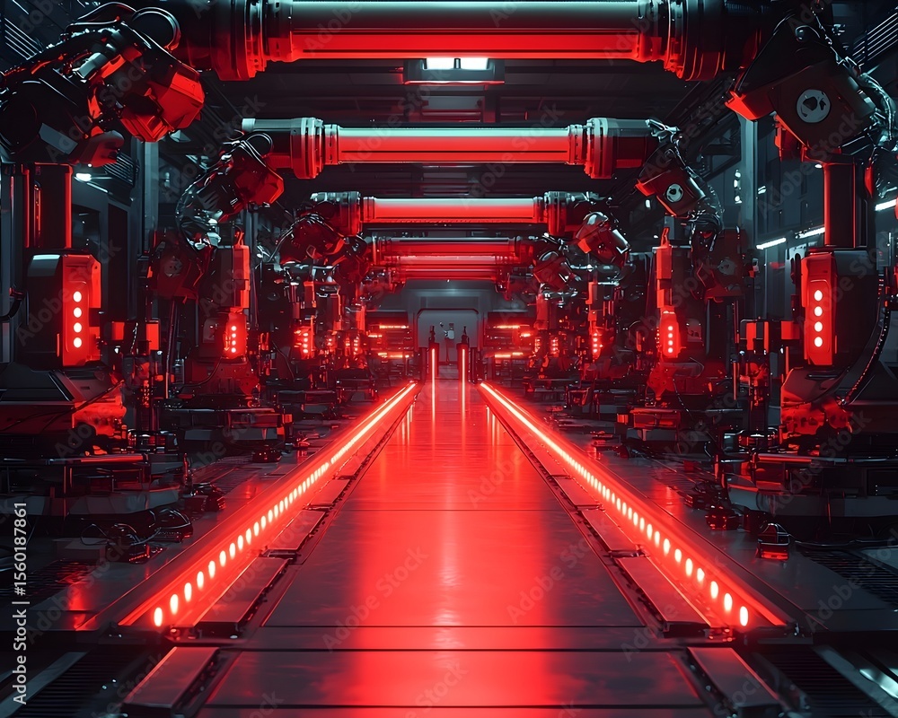 Poster futuristic factory with robotic arms assembling advanced technology