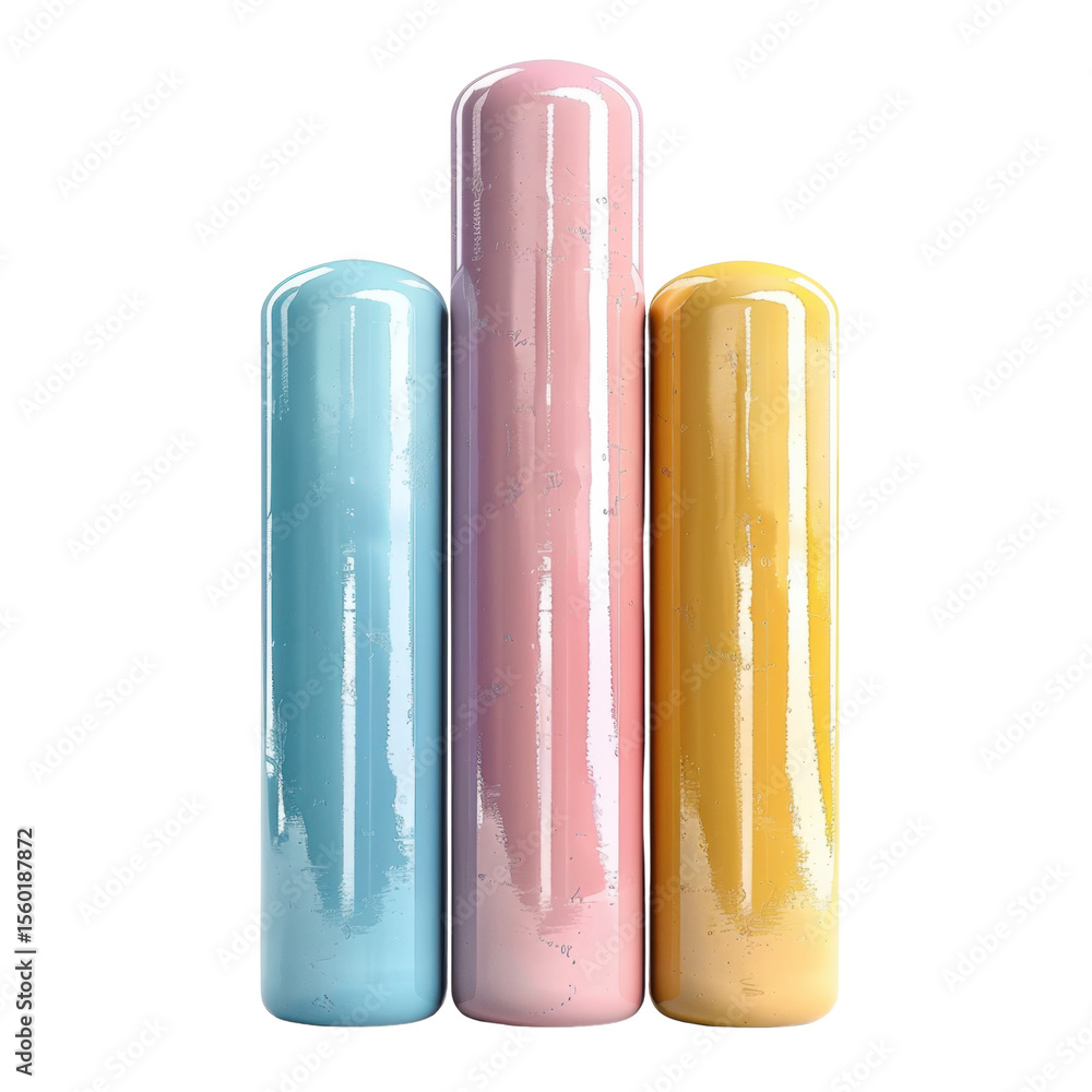 Poster stylish cylindrical objects in pastel colors, creating modern and artistic display. their glossy fin