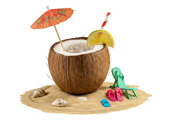 Refreshing Coconut Cocktail on a Tropical Beach Scene