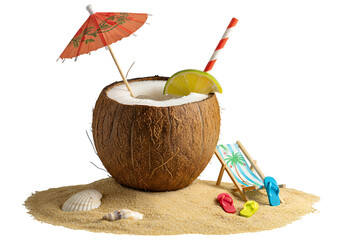 Refreshing Coconut Cocktail on a Miniature Beach Scene