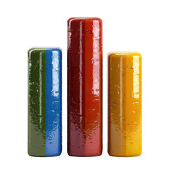 Glossy colorful bars in green, blue, red, and yellow stacked in modern arrangement, showcasing vibrant hues and sleek design