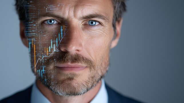 Business professional stock charts overlaid portrait with technical blueprint. AI generated.