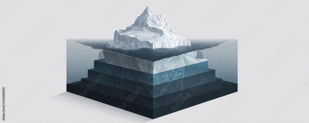 Poster abstract representation of iceberg layers in a stylized ocean environment illustrating the hidden ma