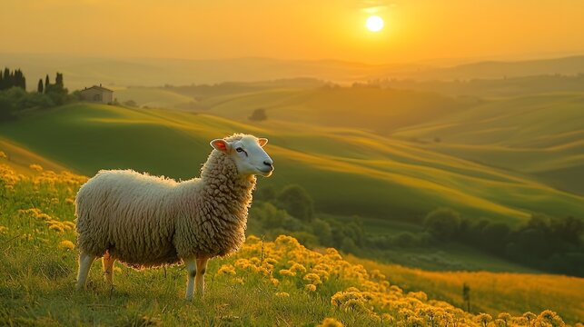 Sheep grazing in picturesque countryside at sunrise