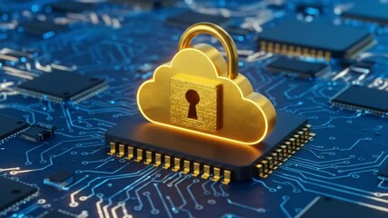 Golden cloud padlock on a microchip with blue circuit board background security concept illustration - Powered by Adobe