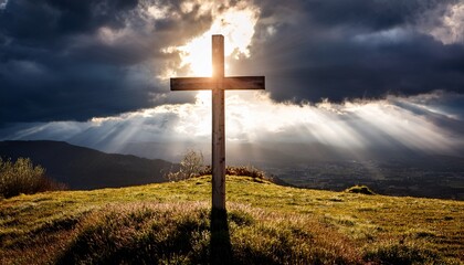 dramatic easter cross illuminated by sun amid storm clouds photo generative ai