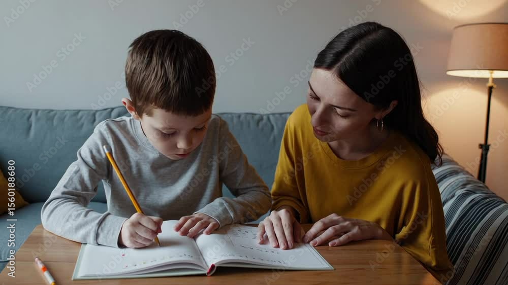 Poster focused elementary student writing notes during online lesson, working diligently beside wooden tabl