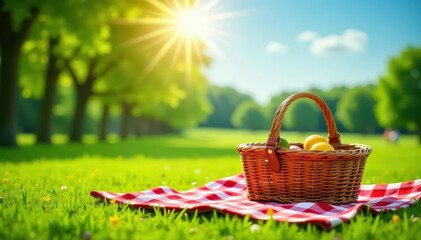 Sunny day, checkered blanket, picnic basket, lush green grass, connection, field, bright