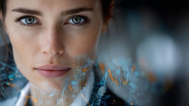 Businesswoman portrait blended with stock charts currency symbols corporate. AI generated.