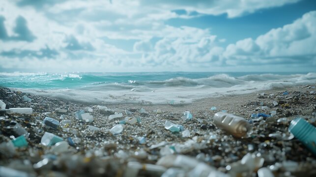 Dystopian vision of future beach where plastic fragments outnumber natural sand grains, no visible organic material