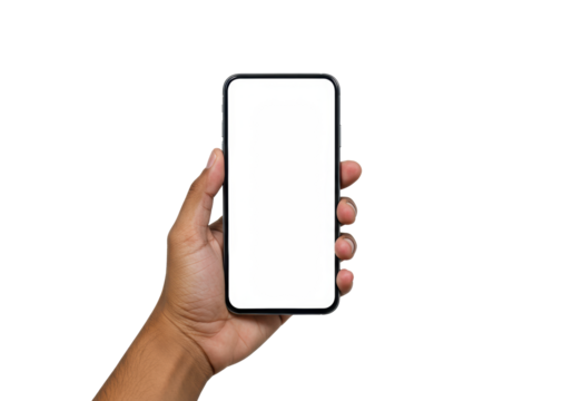 An adult hand with medium skin tone holds a sleek, modern black smartphone vertically, blank white screen, notch, ultra-thin bezels, on a transparent isolated background with copy space. Concept for