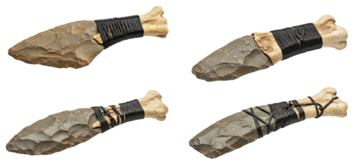 Stone tools with fossilized bone handles and dark binding fiber on transparent background  