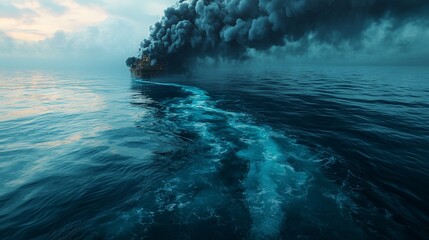 Dark ship, thick smoke, stormy sea