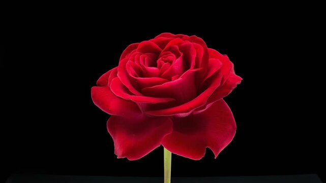 Time-lapse of a single red rose bud gradually opening into full bloom