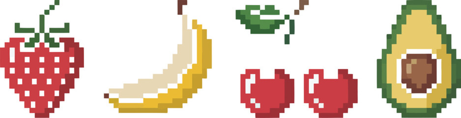 Obraz premium Pixel art fruit set strawberry banana cherries avocado vector illustration retro game style healthy food design