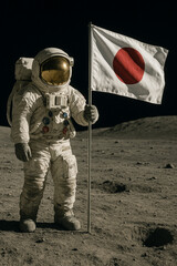 Astronaut on the Moon holding a Japanese flag - space exploration concept