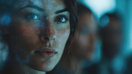 Woman's face overlaid with digital data streams, gazing intently, evokes a sense of mystery and technological advancement.