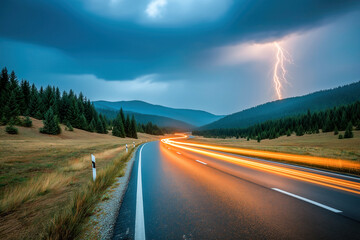 Fototapeta premium Curvy mountain road during storm with lightning striking in the distance