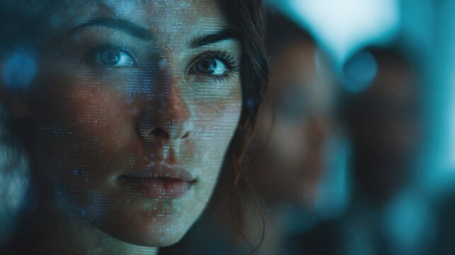 Woman's face overlaid with digital data streams, gazing intently, evokes a sense of mystery and technological advancement.