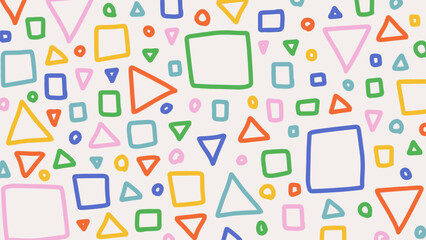 Doodle pattern with hand drawn geometric shapes and figures. Abstract colorful background with childish scribbles