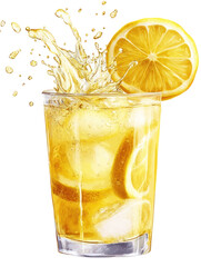 Lemonade with Ice and Splash - Classic yellow lemonade with ice cubes and dynamic splash on transparent background


