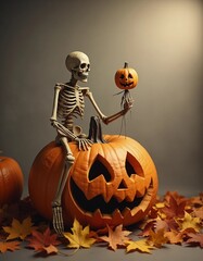 Skeleton sitting on giant pumpkin holding jack-o'-lantern in autumn leaves, Halloween still life

