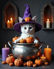 Cute white kitten in purple witch hat sitting in cauldron surrounded by candles and pumpkins, Halloween scene
