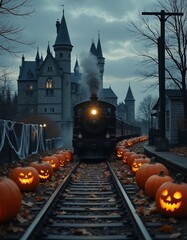 Halloween train leaving spooky castle along pumpkin-lined railway at dusk
