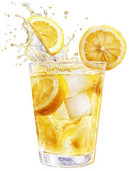 Lemonade with Ice and Splash - Classic yellow lemonade with ice cubes and dynamic splash on transparent background

