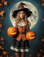 Young woman in witch costume holding two jack-o'-lanterns in front of full moon on Halloween
