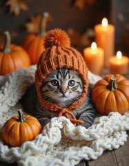 Adorable gray kitten in orange knitted hat with pumpkins and candles in cozy Halloween setting
