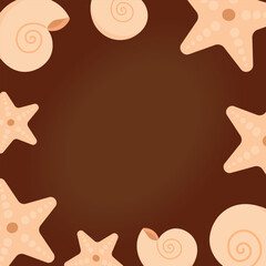 Decorative Frame Made of Seashells and Starfish in Soft Tropical Style on a Beautiful brown background