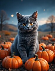 Cute gray cat with yellow eyes sitting among pumpkins in Halloween field at dusk
