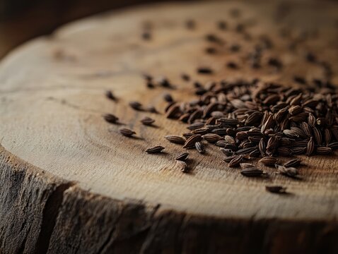 Close-up of cumin seeds scattered on a wooden surface