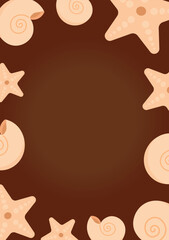 Decorative Frame Made of Seashells and Starfish in Soft Tropical Style on a Beautiful brown background