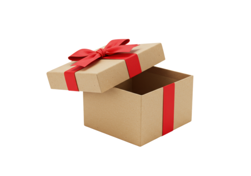 Empty, open, square light brown kraft paper gift box with a vibrant red satin ribbon, its lid ajar, presented on a pristine transparent background with soft studio lighting and ample copy space.