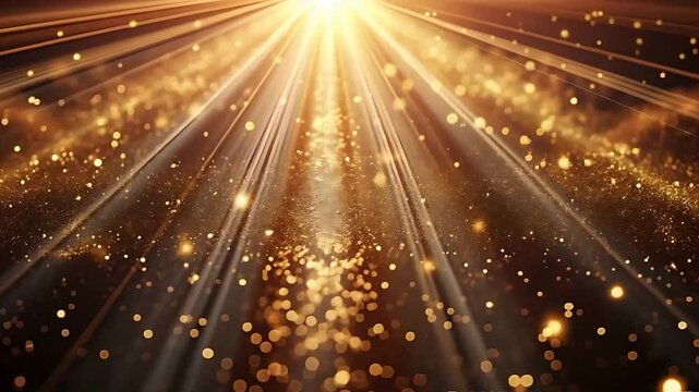 Abstract golden light rays burst with sparkles. 4K high resolution video. Radiant golden light burst with dramatic sun rays