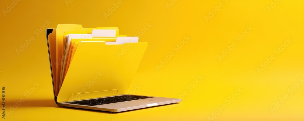 Poster yellow laptop with open file folders on bright background for creative workspace and digital organiz