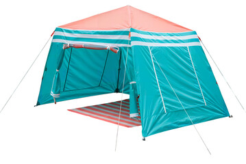 Vibrant Teal and Coral Camping Tent Ready for Adventure