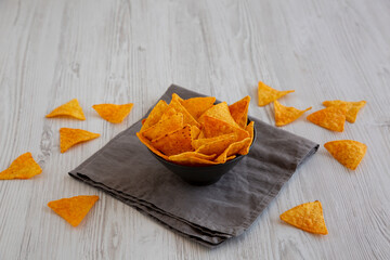 Crunchy Nacho BBQ Tortilla Chips in a Bowl, side view.