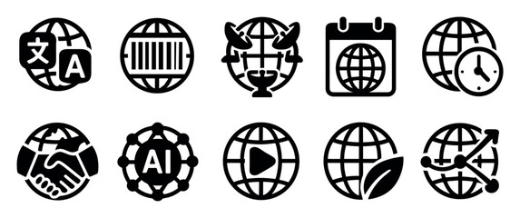 Global communication solid icon set. language, internet, data, time, world icons