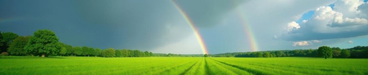 Vibrant rainbow arcing over lush green summer landscape after rain , sun, sky
