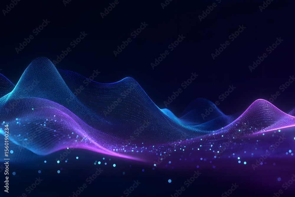 Poster abstract background with neon blue and purple waves of glowing particles and dots, creating an atmos