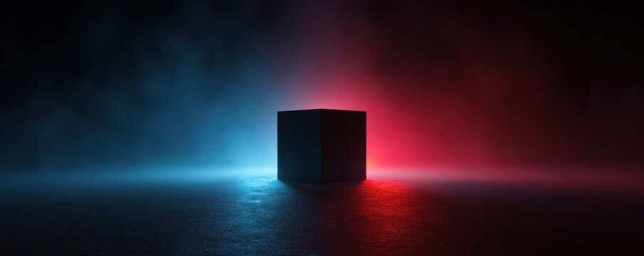 Abstract dark cube with colorful glowing light effects in a misty environment for artistic concept and design purpose
