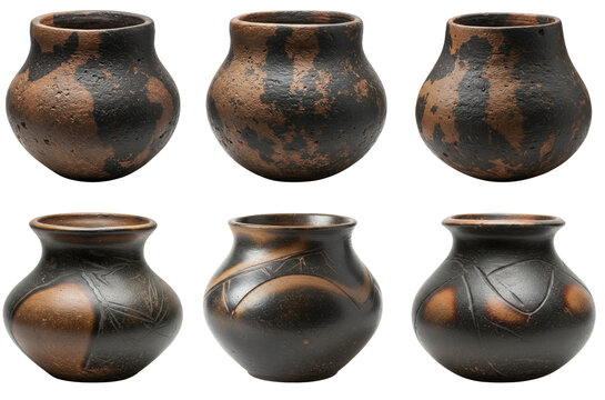 Coarse neolithic pots with soot stains from open fire on transparent background  