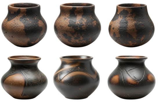 Coarse neolithic pots with soot stains from open fire on transparent background  