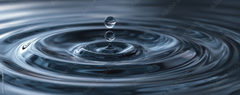 Poster stunning close-up of water droplet creating ripples on calm surface with smooth texture and reflecti