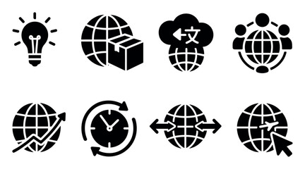 Technology, networking solid icon set. communication, internet, global business icons